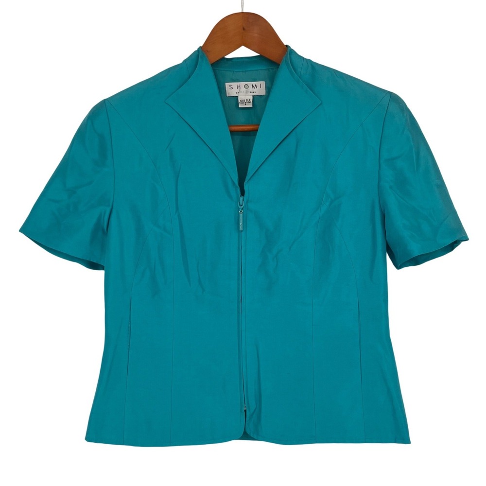 Vintage Y2K SHOMI Women's Blazer Jacket Pants Suit Set Size 6 Teal Silk‎ Zipper